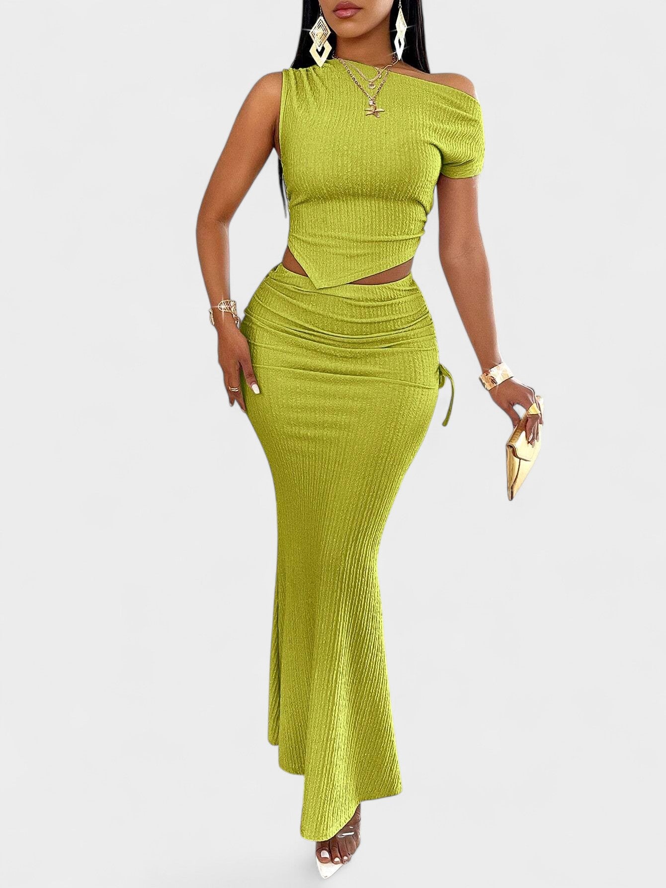 Celeste | One-Shoulder Pleated Mermaid Skirt Set