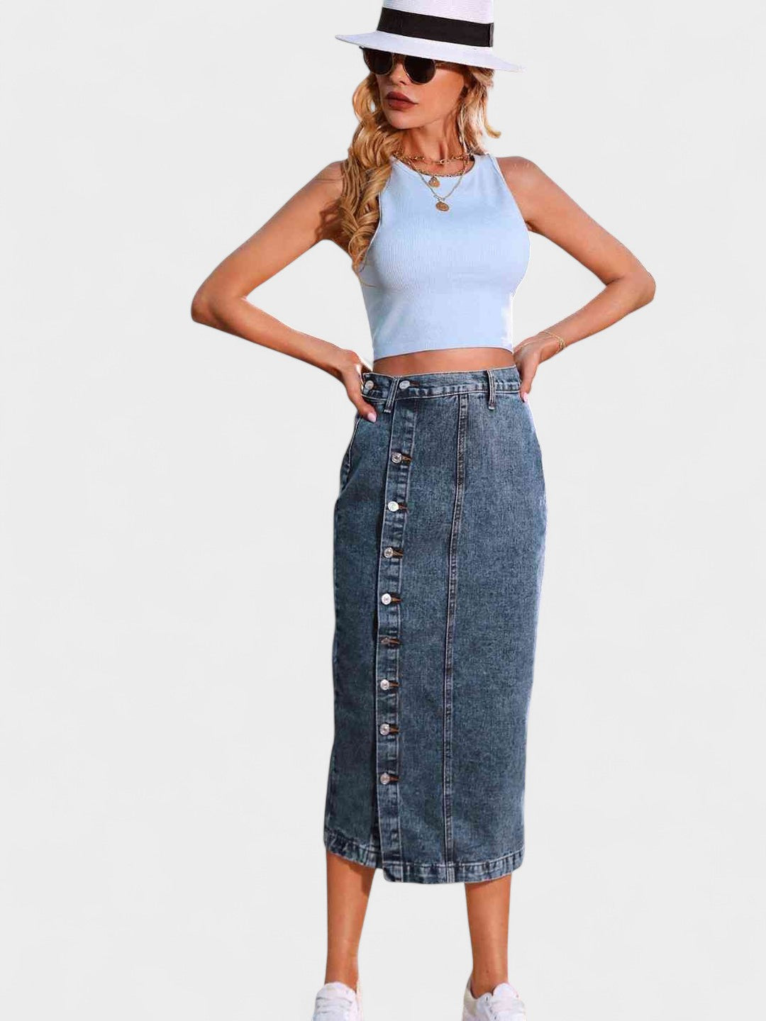 Aria | High-Waisted Denim Midi Skirt