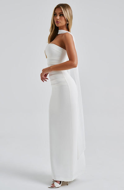 Shiloh | Strapless Satin Dress with Mesh Scarf